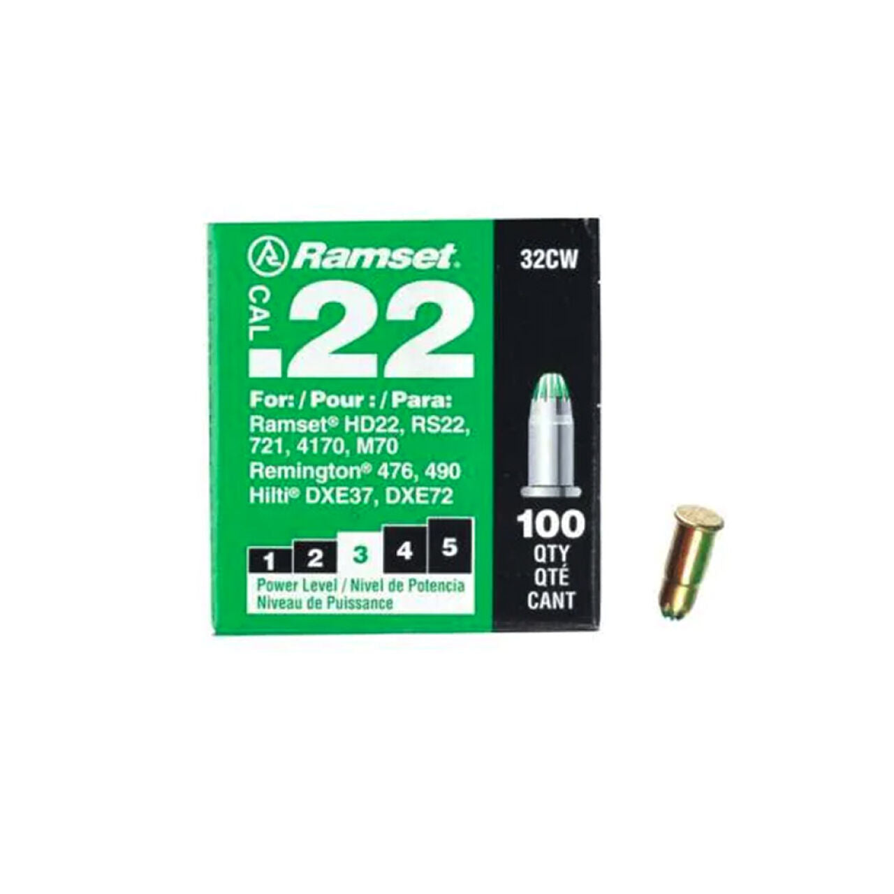 A Go Build 0.22 Cal. Single Shot Green Load (100/Pack) box sits by a single .22 caliber cartridge on a white background, offering powerful loads for reliable concrete penetration. Brand: The Fastest Way To Build.